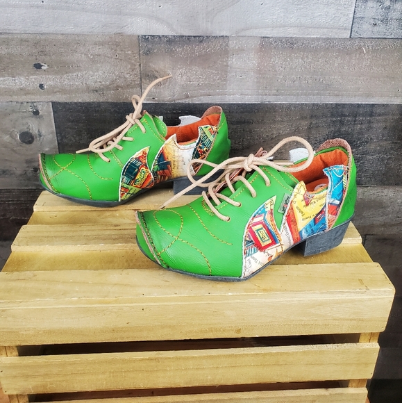 Princess Of TMA Maia Green Abstract Pointed Toe Leather Oxford Women's - Picture 6 of 16